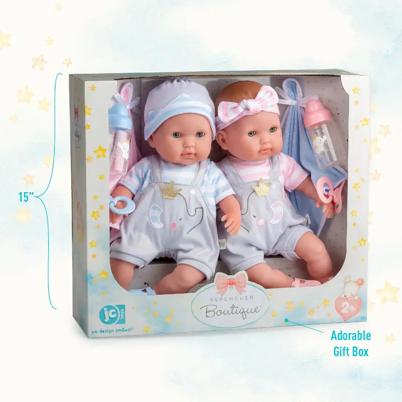 Berenguer Boutique: Twins Baby Dolls - 15in Soft Body - Open/Close Eyes