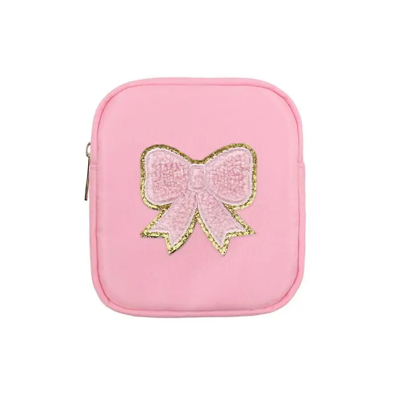 Varsity Collection: Nylon Cosmetic Bag - Pink Bow Chenille