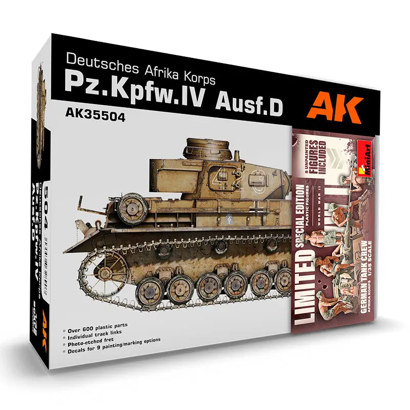 AK Interactive PZ.KPFW.IV Ausf.D Afrika Korps + 5 Figures German Tank Crew Afrika Korps 1/35 Scale Model Kit