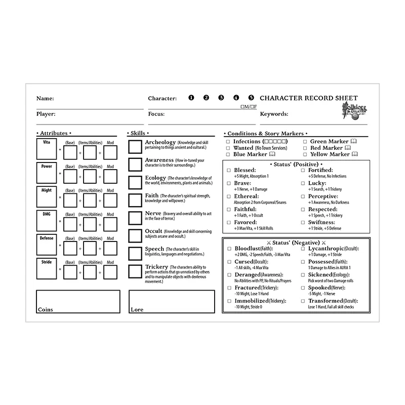 Greenbrier Games Folklore The Affliction - Character Record Pad