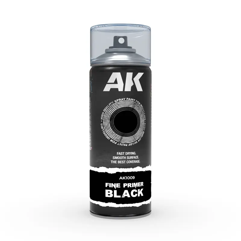 AK Interactive Aerosol Spray Fine Primer with Includes 2 Nozzles 400ml - Black