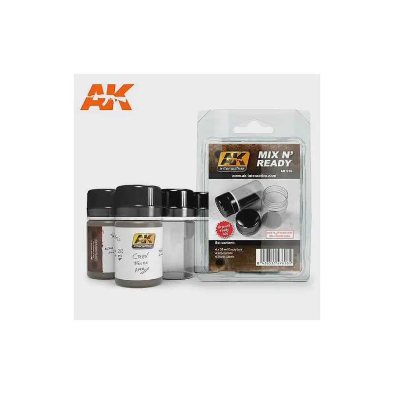 AK Interactive Auxiliaries - Mix N Ready (4 Empty Jars With Labels)