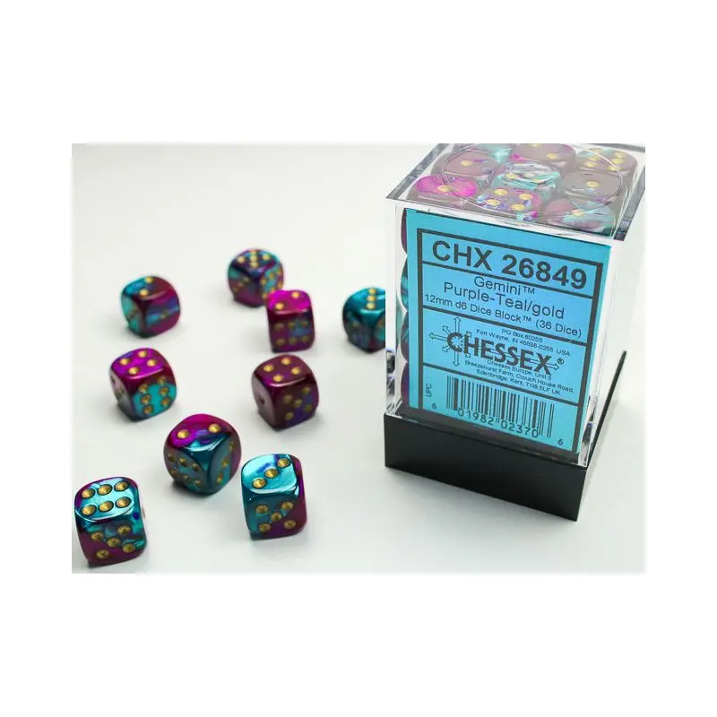 Gemini Purple - Teal/gold 12mm d6 Dice Block (36 dice)