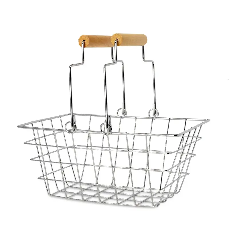 Metal Shopping Basket with Wooden Handle