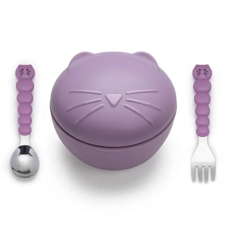 Silicone Animal Bowl with Lid and Utensils - Cat