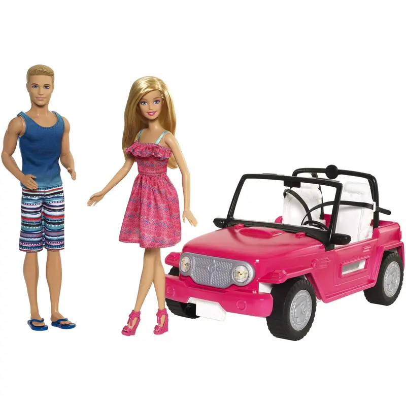 Barbie Beach Cruiser Set With Barbie And Ken Dolls, Pink 2-Seater Toy Car