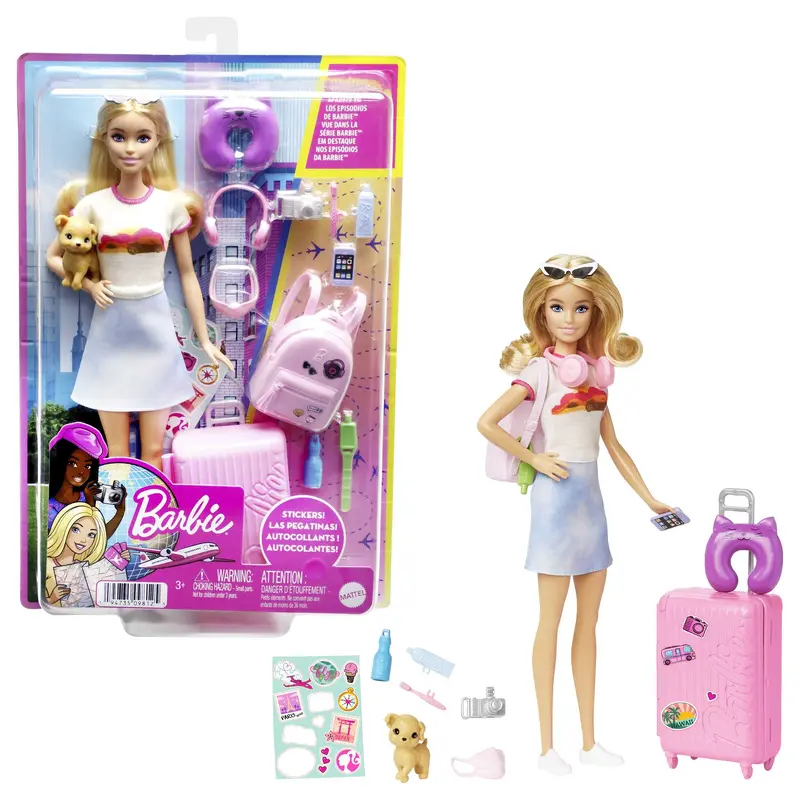 Barbie Doll And Accessories, 'Malibu' Travel Set With Puppy And 10+ Pieces Including Working Suitcase