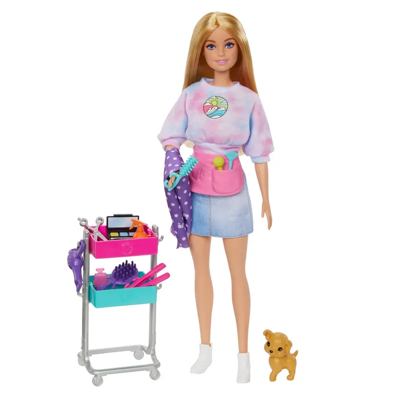 Barbie Malibu Stylist Doll & 14 Accessories Playset, Hair & Makeup Theme With Puppy & Styling Cart