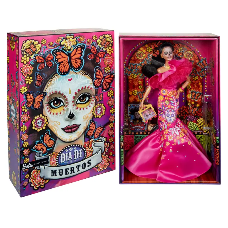 2023 Da De Muertos Barbie Doll Wearing Ruffled Pink Gown And Holding Tiny Ofrenda, Barbie Signature
