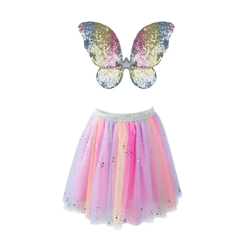 Rainbow Sequins Skirt w/Wings & Wand: Size 4-6