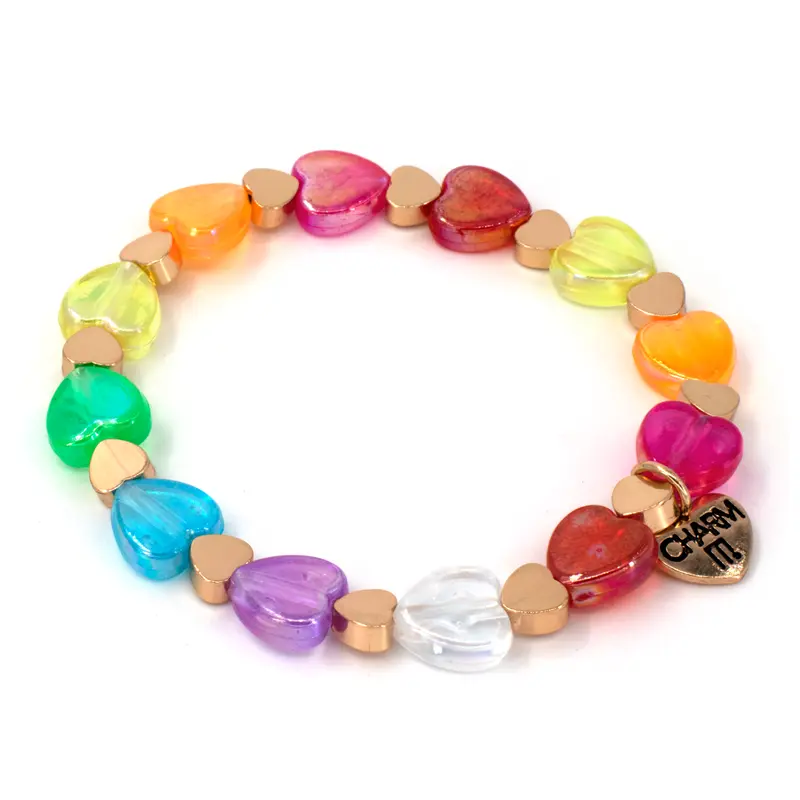 Gold Rainbow Heart Bead Stretch Bracelet