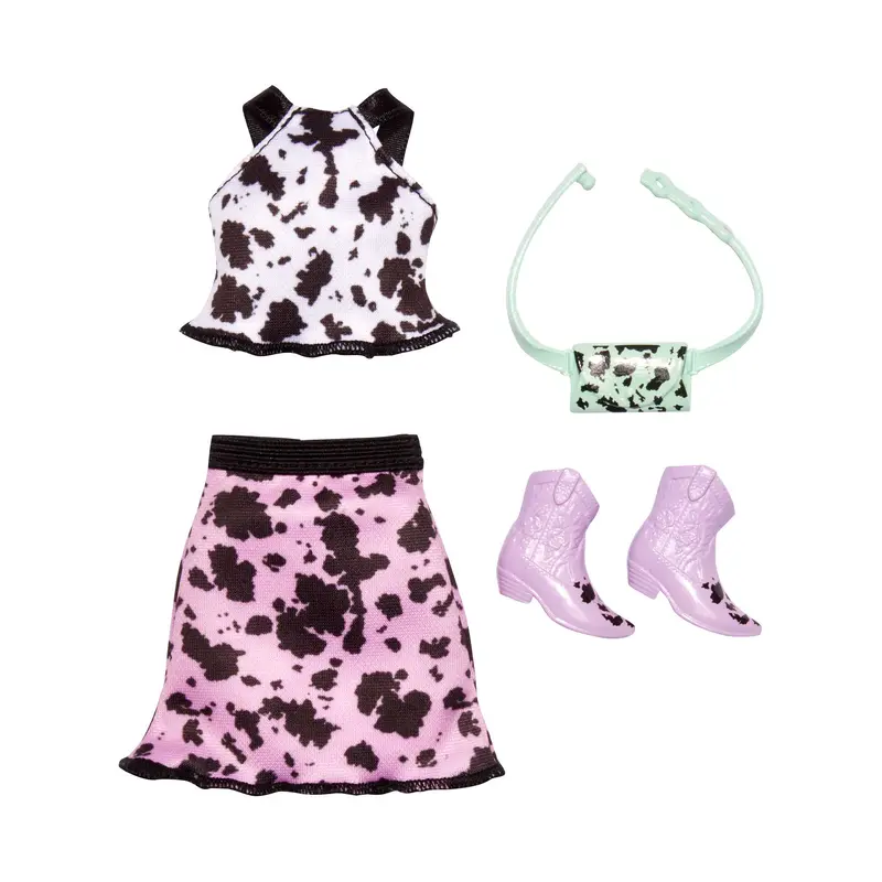 Barbie Fashion Pack Of Doll CloThes, Complete Look Set With Cow-Print Top And Skirt, Plus Accessories
