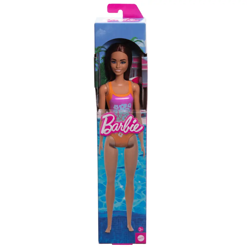 Barbie  Poupe Plage  Cheveux Brun Clair, Maillot Rose et Orange