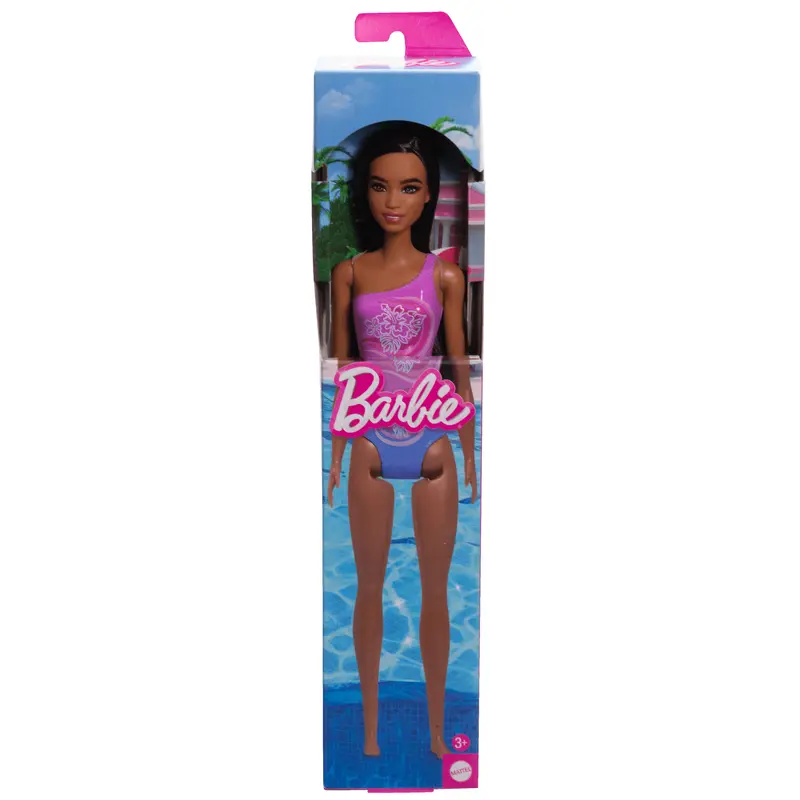 Barbie  Poupe Plage  Cheveux Brun Fonc, Maillot Violet Tropical