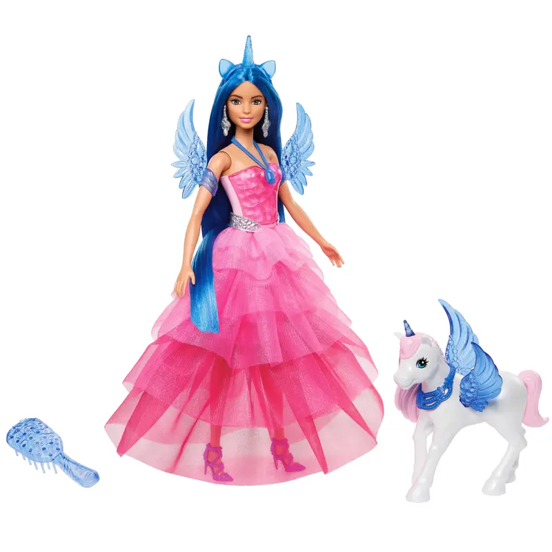 Barbie  65Anniversaire  Poupe et Animal  Licorne Aile, Ch. Bleus