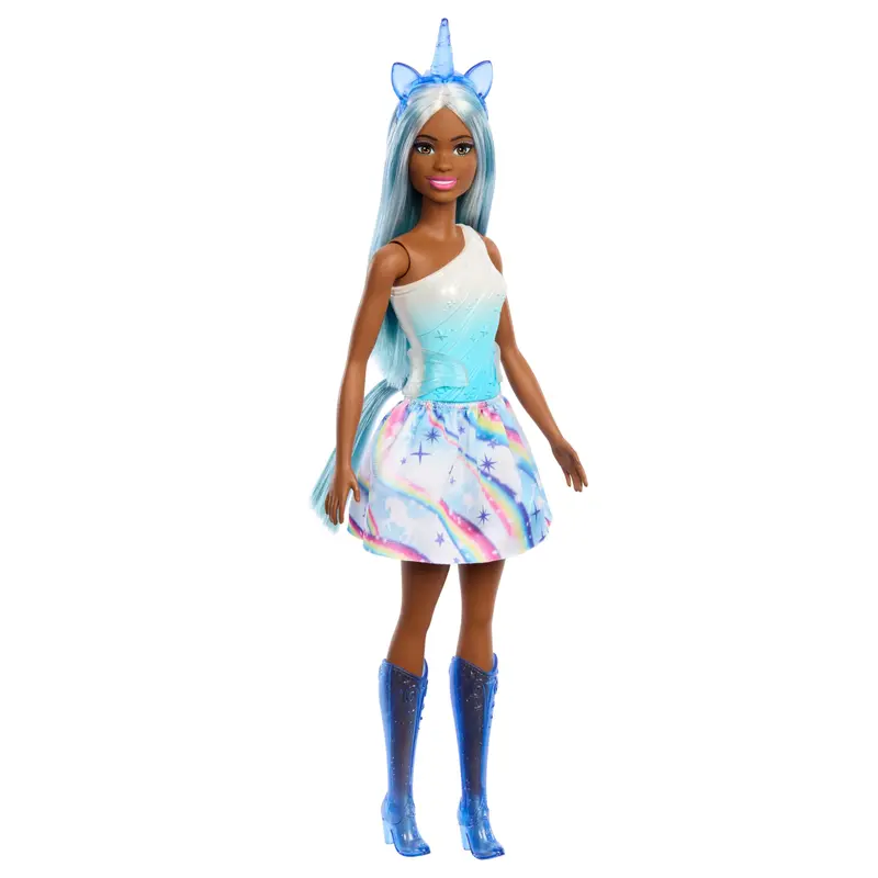 Barbie  Poupe Licorne, Cheveux Bleus, Tenue Ombre et Accessoires