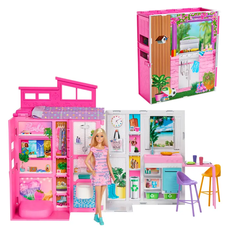 Barbie  Maison Portative et Poupe, 4Pices, 11Accessoires