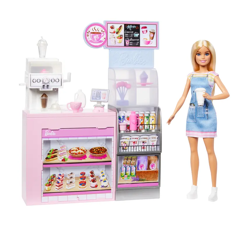 Barbie  Coffret de Jeu  Caf, Poupe Barista Blonde, 10+Accessoires