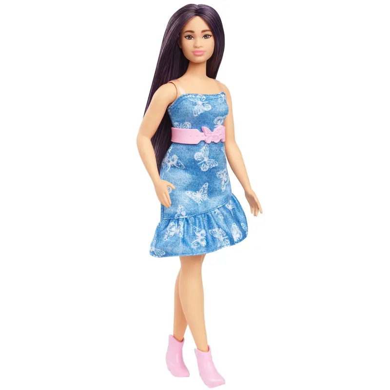 Barbie Fashionistas Doll #231 in Denim Butterfly Dress With Pink Belt, Purple Hair