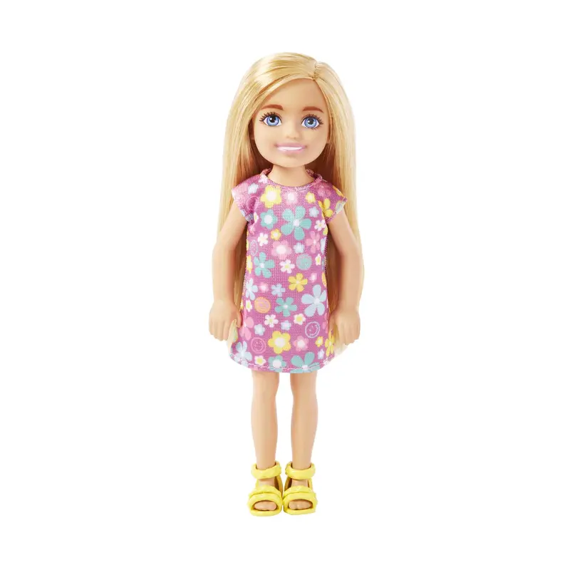 Barbie Chelsea Doll, Small Doll Wearing Purple Flowered Dress With Blond Hair & Blue Eyes