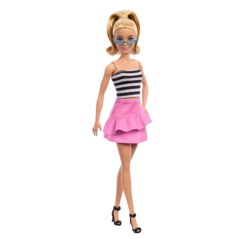 Barbie Fashionistas Doll #213, Blonde With Striped Top, Pink Skirt & Sunglasses, 65Th Anniversary