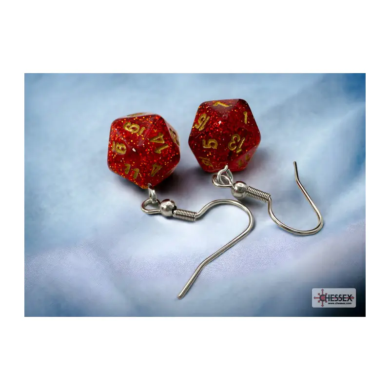 Chessex CHX 54208 Hook Earrings Glitter Ruby Mini-Poly d20 Pair (Preorder)