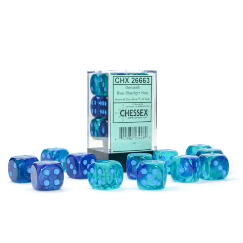 Chessex - Gemini 16mm d6 Blue-Blue/Light Blue Luminary Block - CHX 26663 (12)