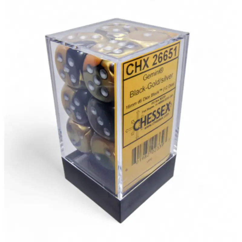 Chessex - Gemini 16mm D6 Dice 12-Piece Set - Black-Gold/Silver