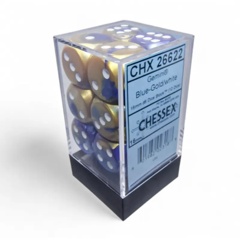 Chessex - Gemini 16mm D6 Dice 12-Piece Set - Blue-Gold/White