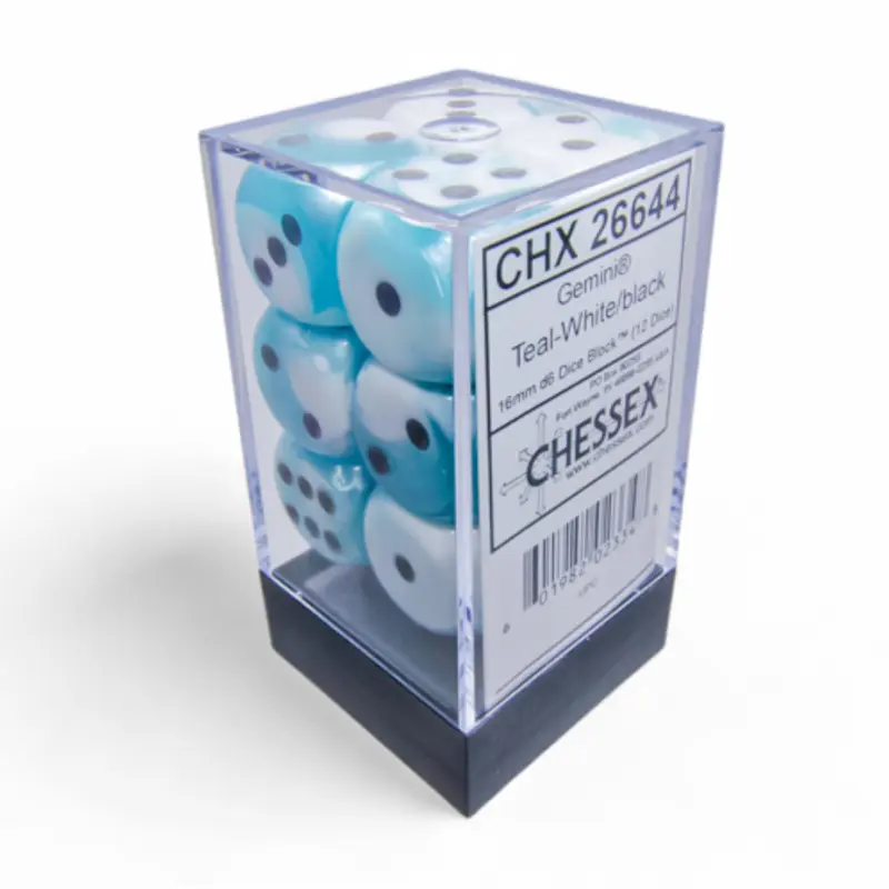 Chessex - Gemini 16mm D6 Dice 12-Piece Set - Teal-White/Black