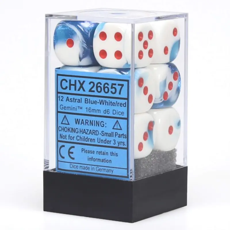 Chessex - Gemini 16mm D6 Dice Block 12-Piece Set - Astral Blue/White/Red