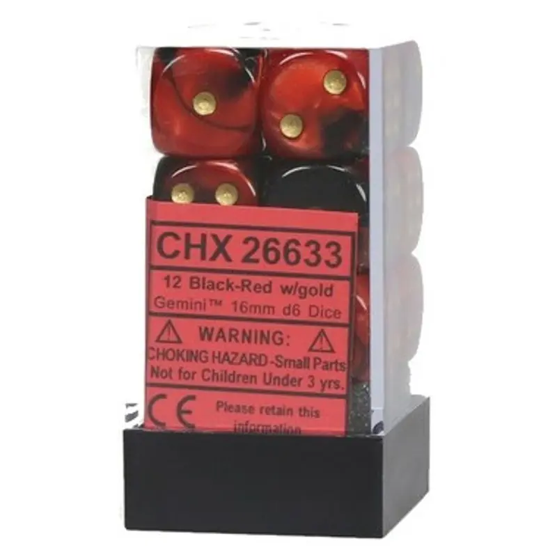 Chessex - Gemini 16mm d6 Dice Block 12-Piece Set - Black/Red/Gold