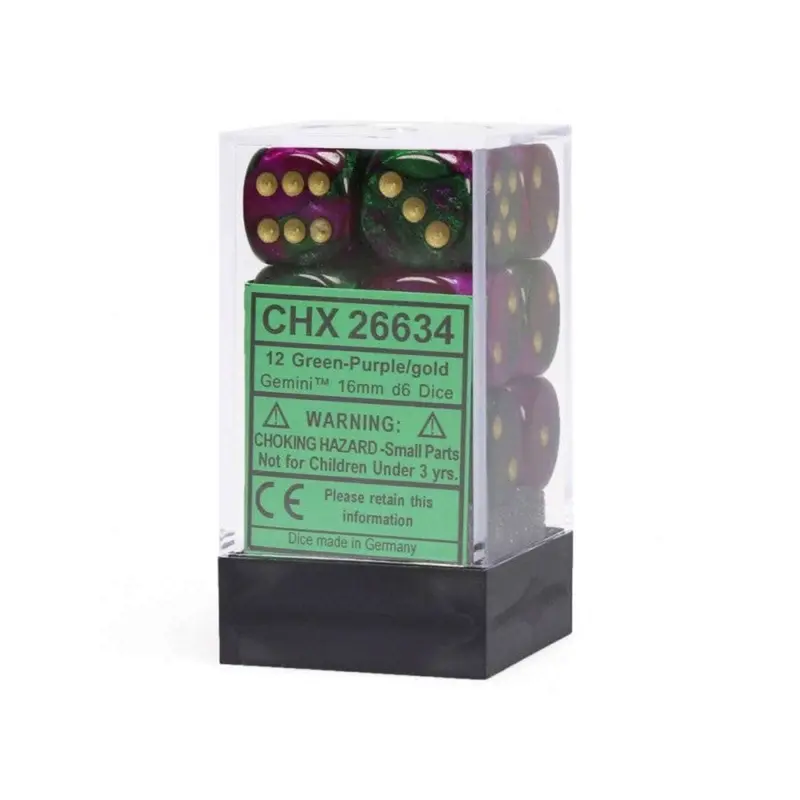 Chessex - Gemini 16mm D6 Dice Block 12-Piece Set - Green/Purple/Gold