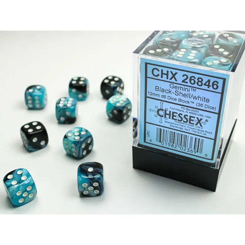 Chessex - Gemini 12mm d6 Dice Block (36 Dice) - Black-Shell/White