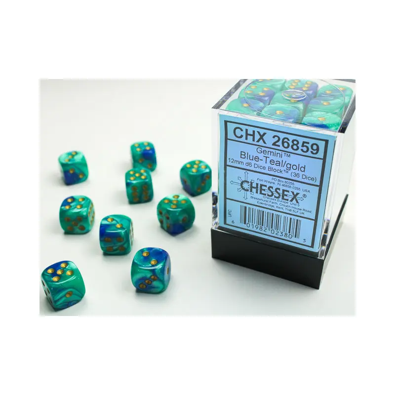 Chessex - Gemini 12mm D6 Set - Blue Teal/Gold (CHX26859)