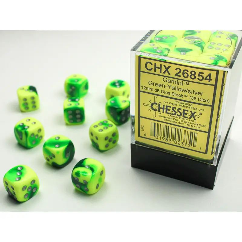 Chessex - Gemini 12mm D6 Set - Green Yellow/Silver (CHX26854)