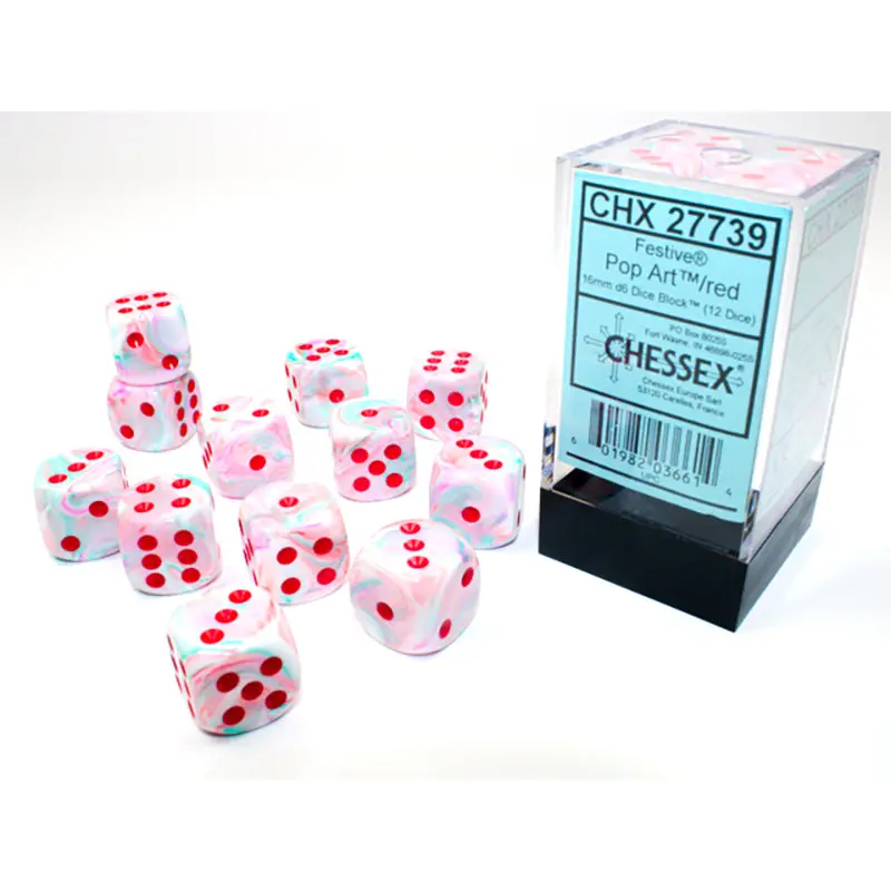 Chessex - Festive D6 Dice 12-Piece Set 16mm - Pop Art/Red