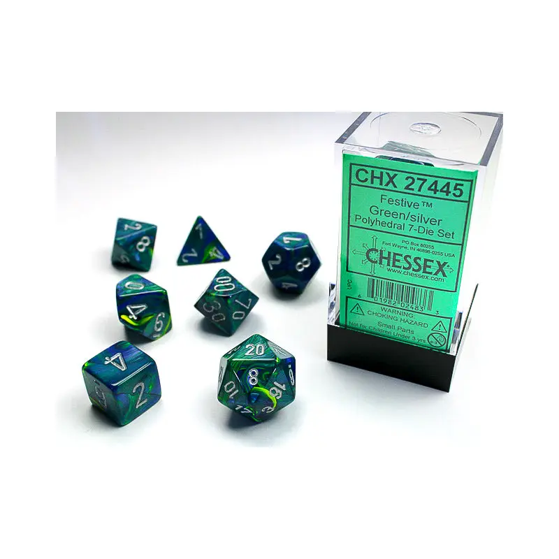 Chessex - Festive Polyhedral 7-Die Set - Green/Silver (CHX27445)
