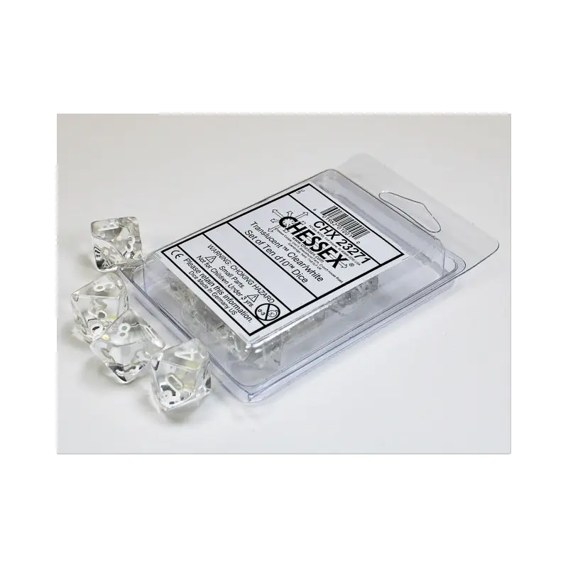 Chessex - D10 Dice 10-Piece Set - Translucent Clear/White