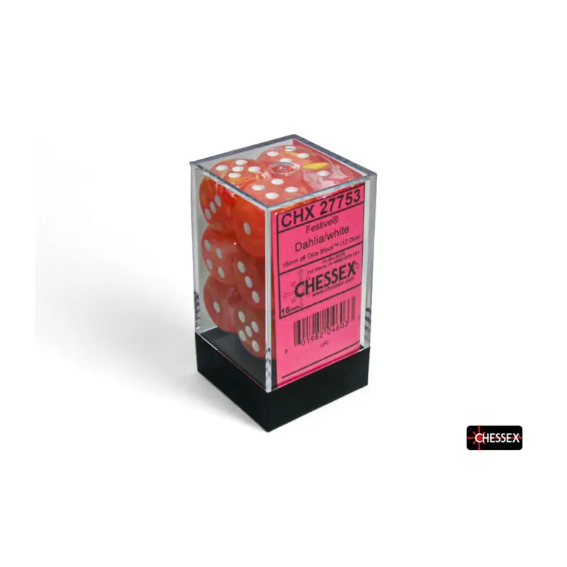 Chessex - CHX 27753 Festive Dahlia/white 16mm d6 Dice Block (12 dice) (Preorder)