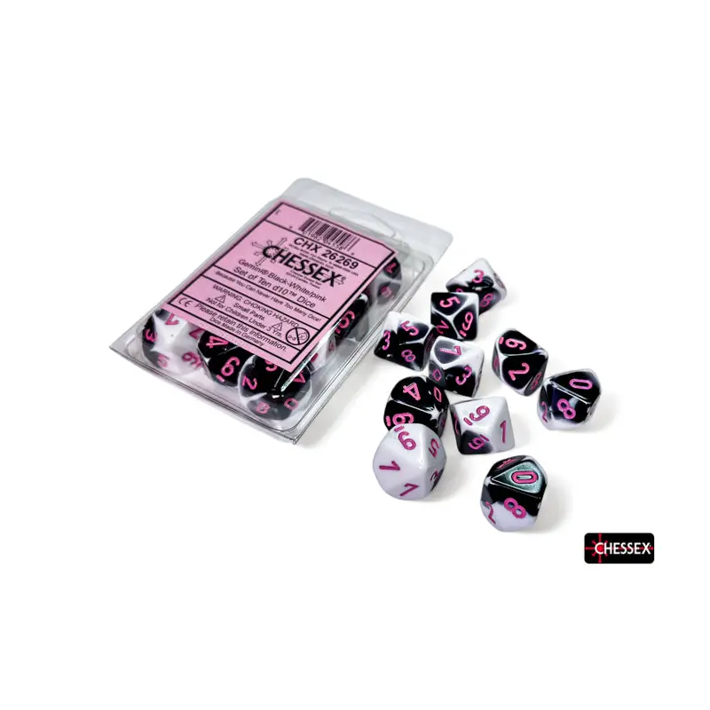 Chessex - CHX 26269 Gemini Black-White/pink Set of 10 d10s (Preorder)
