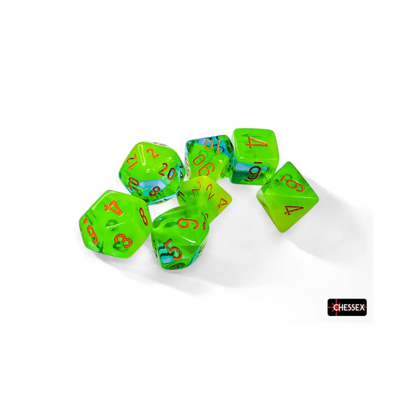 Chessex - CHX 26470 Gemini Plasma Green-Teal/orange Luminary Polyhedral 7-Dice Set (Preorder)