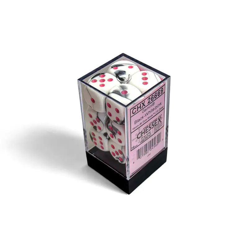 Chessex - CHX 26669 Gemini Black-White/pink 16mm d6 Dice Block (12 dice) (Preorder)