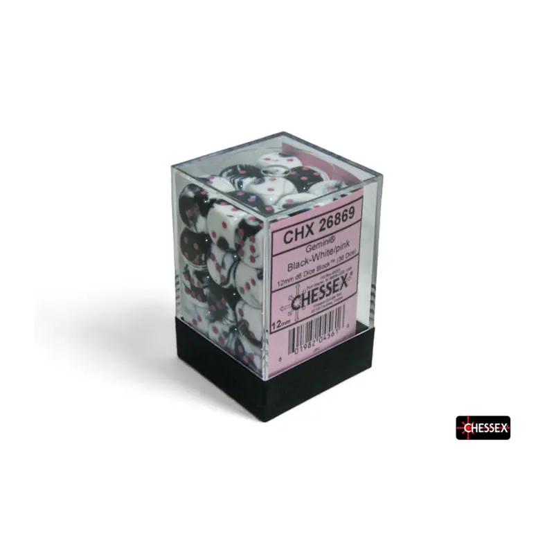 Chessex - CHX 26869 Gemini Black-White/pink 12mm d6 Dice Block (36 dice) (Preorder)