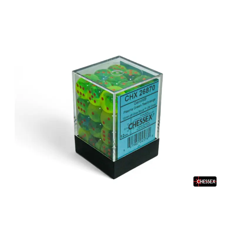 Chessex - CHX 26870 Gemini Plasma Green-Teal/orange Luminary 12mm d6 Dice Block (36 dice) (Preorder)