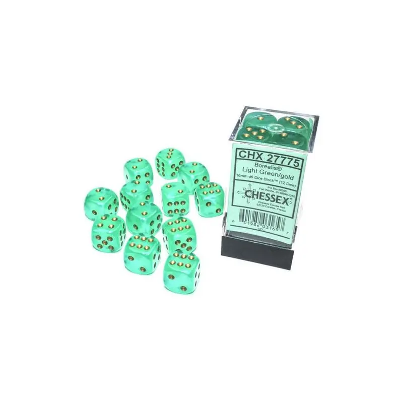 Chessex - Borealis 16mm D6 set - Light Green/Gold (12) (CHX 27775)