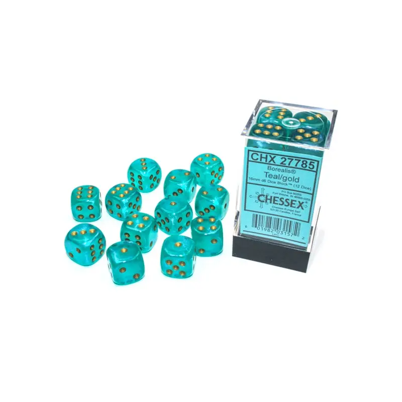 Chessex - Borealis 16mm d6 Teal/gold Luminary Dice Block (12 dice)