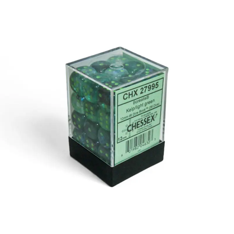 Chessex - Borealis 12mm d6 Dice Block (36 Dice) - Kelp/Light Green Luminary