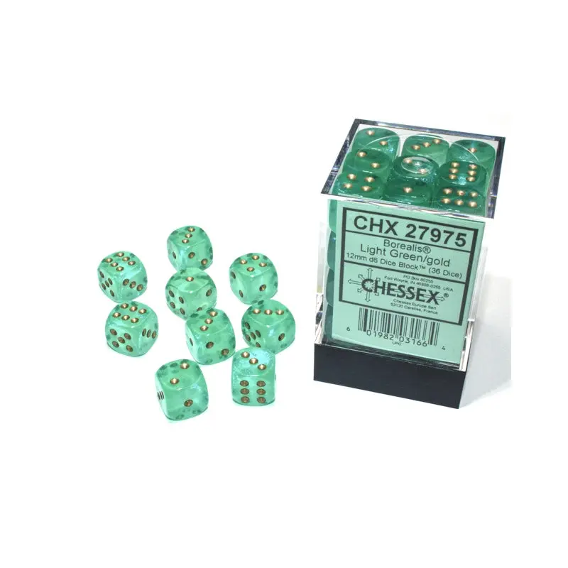 Chessex - Borealis 12mm d6 Light Green/gold Block (36) CHX 27975