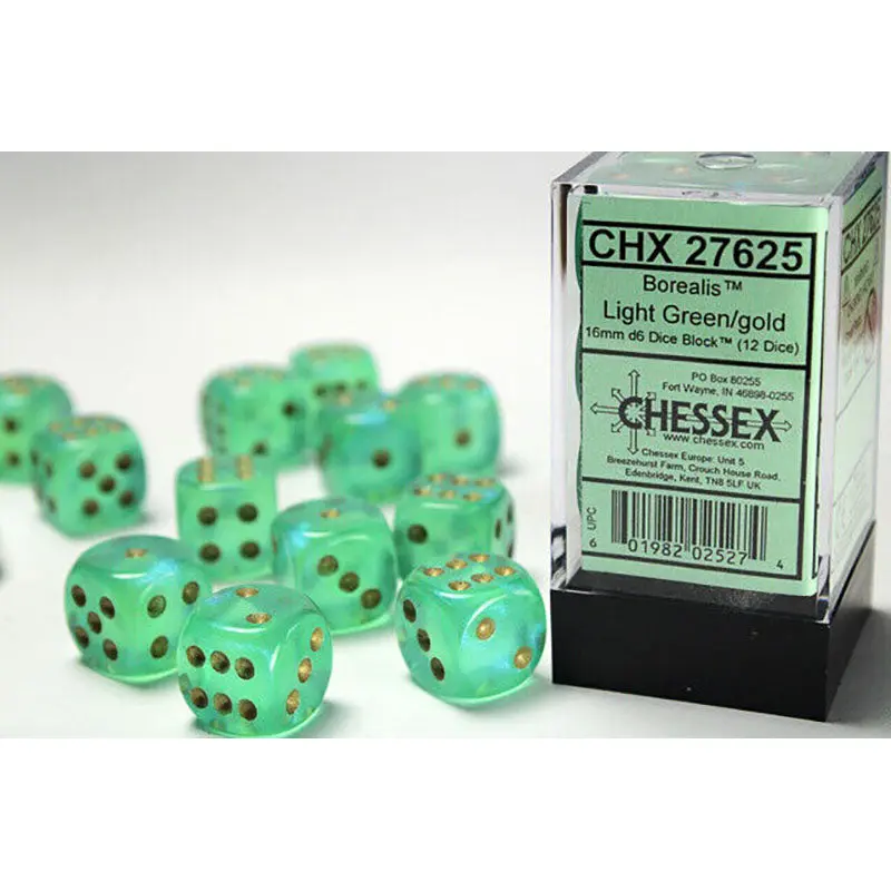 Chessex - Borealis 16mm d6 Dice Block (12 Dice) - Light Green/Gold